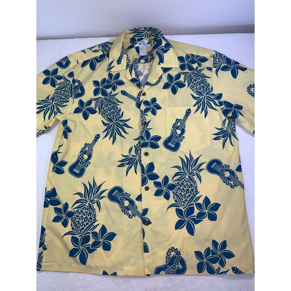 Two Palms Mens Hawaiian Shirt Yellow Blue Pineapple Ukulele Plumeria Cotton L